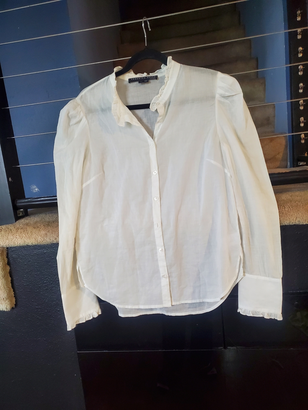 Veronica Beard Cream Ruffle-Trim Button Down Blouse